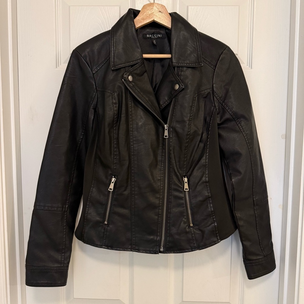 Baccini Black Vegan Leather Moto Biker Jacket